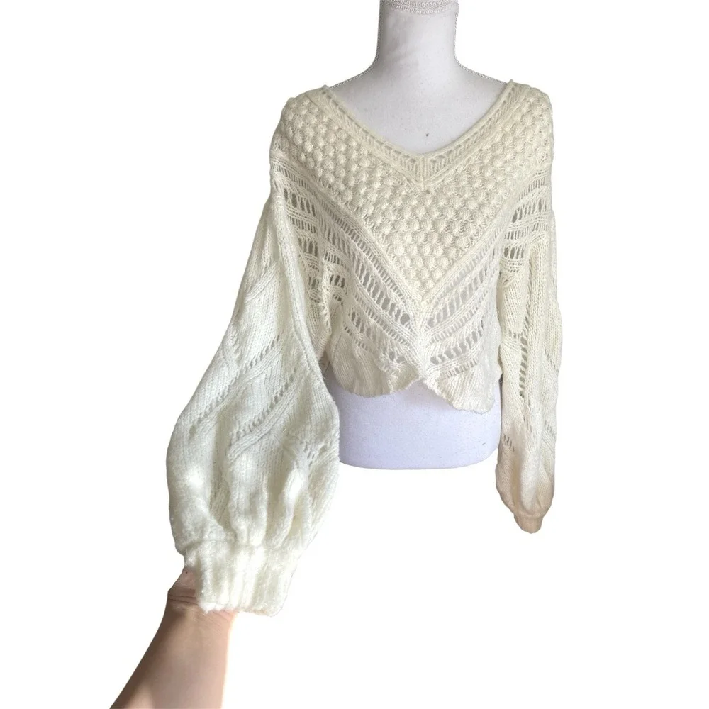 Free‎ People Ivory Snowball Cropped Sweater Wool Blend Open Knit Boho Chic Sz XS